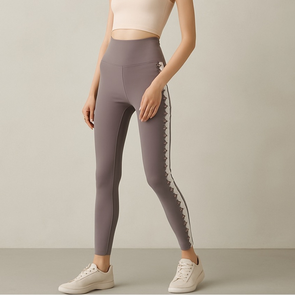 Mono B NEW Art Deco Scallop Trim High Waisted Leggings Gray Athletic S M L